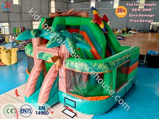 PVC Jungle Adventure Slide ile şişme sıçrama evi Yağmur ormanı Maymun Palmiye Ağacı Tasarım Çocuk Parti